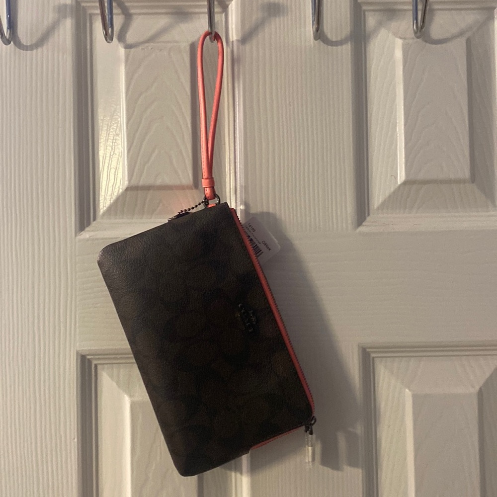 Coach Double Zip Wristlet Wallet Brown Pink Lemonade